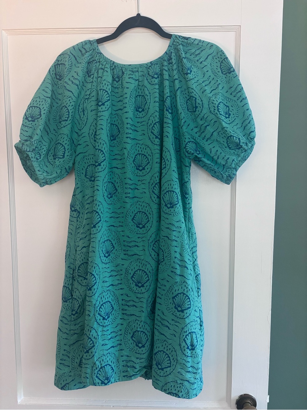 LIVRO Teal Shell-Print Puff Sleeve Dress